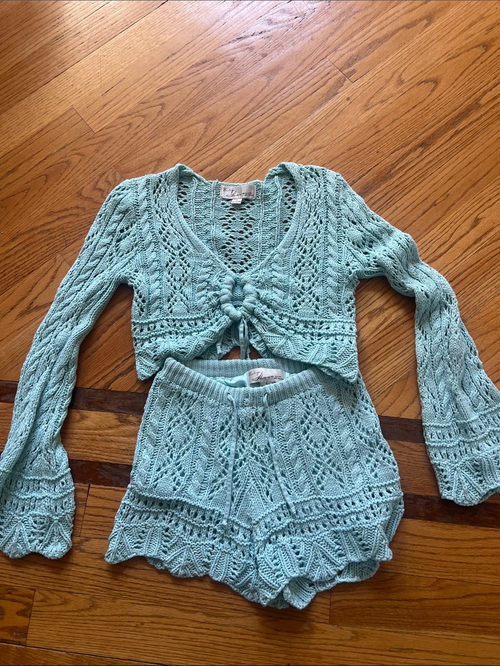Vintage Havana light blue Crochet Crop Top & Shorts Twin Set Small Beach sweater